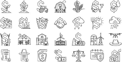 Fototapeta premium Hand Drawn Doodle Line Art Icons Set of Agricultural Finance and Farming Business Concepts