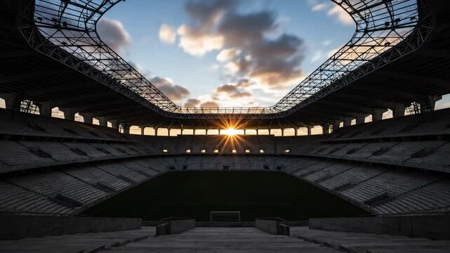Modern stadium interior bathed in sunlight, empty seats beneath a cloudy sky, sports arena, championship venue, architectural marvel