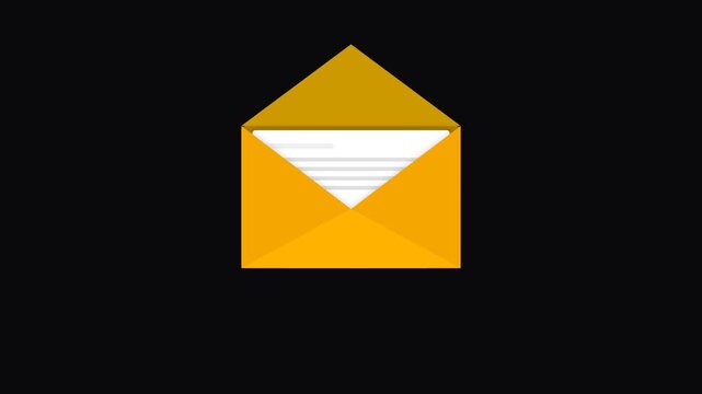 Premium 4K Seamless Loop Animation of a Yellow Envelope Opening to Reveal a White Document on Black Background