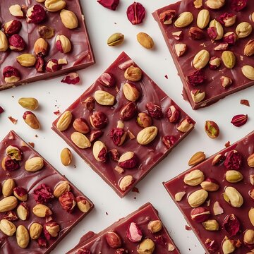 Vibrant ruby chocolate bark with roasted pistachio nuts and scattered dried rose petals. Bright commercial photography, clean surface, 1:1 ratio, sharp focus, high detail..........all elements fit int