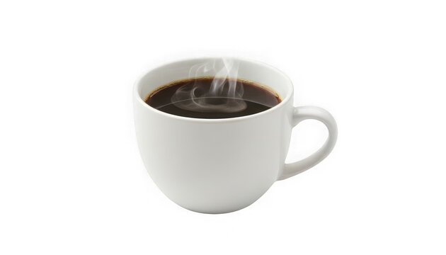 Hot black coffee in a white ceramic cup with steam rising.