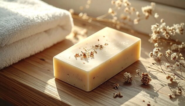 Natural Handmade Soap Bar with Dried Flowers and Towel in Sunlight.