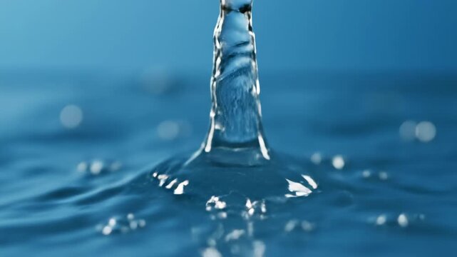 Water splash frozen in time, showing crown splash and droplets in blue, perfect for fluid dynamics or refreshment concepts