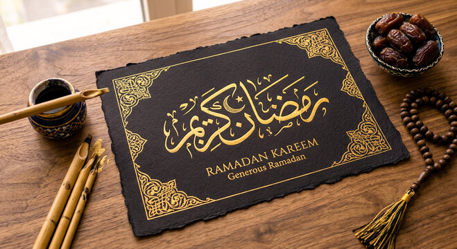 Golden Ramadan Kareem Arabic Calligraphy on Black Deckle Edge Paper with Prayer Beads, Inkwell, and Bamboo Pens on Wood