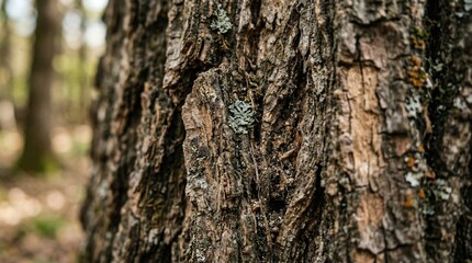Obraz premium Close-up of rough, textured tree bark with lichen in a forest setting