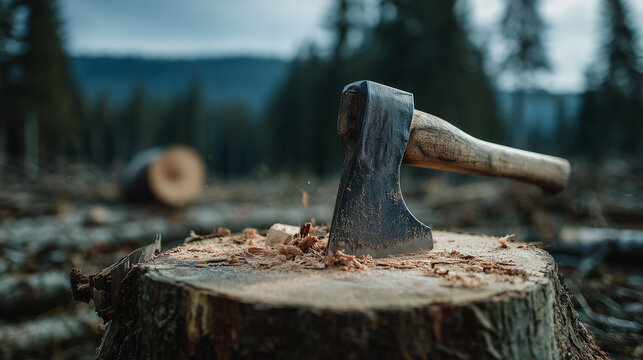 Axe embedded in a freshly cut tree stump in a deforested forest, symbolizing illegal logging, environmental destruction, and loss of natural habitat.