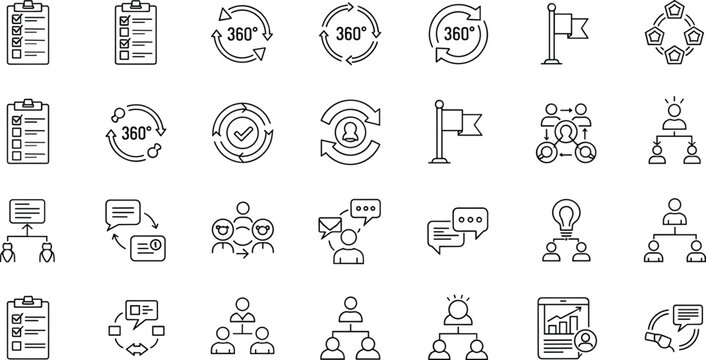 Business process and workflow management line icons set with checklist teamwork communication 360 feedback and organizational concepts