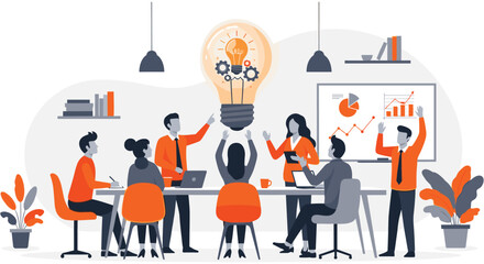 Diverse team brainstorming meeting in modern office with lightbulb moment in vibrant orange and gray colors for business and creativity © SHANTI ICONSET