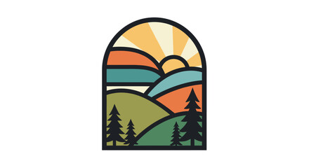 Obraz premium Scenic mountain landscape with sun and rolling hills in a retro badge design