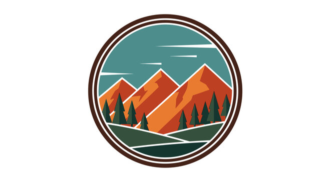 Scenic mountain landscape flat vector design with arched frame featuring stylized peaks and forest trees