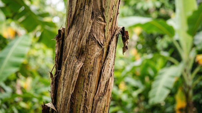 Close-up of banana tree trunk texture with fibrous bark and green leaves in background