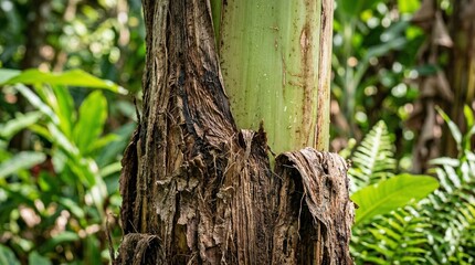 Fototapeta premium Close-up of banana tree trunk with rough bark and green pseudostem in lush jungle foliage