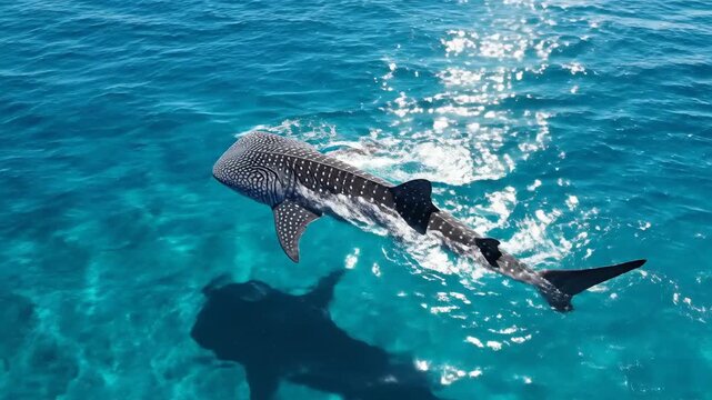 Whale shark swimming gracefully in clear tropical ocean waters