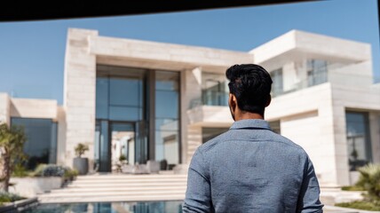Fototapeta premium Man Gazing at Luxurious Modern Mansion Exterior with Reflecting Pool and Sunny Sky
