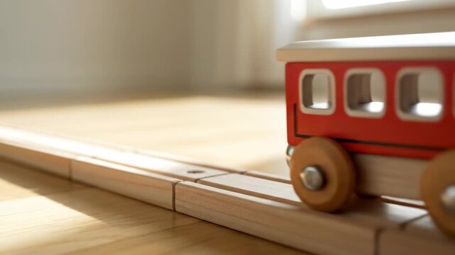 Retro wooden toy train with red engine and carriage on light wood tracks, soft natural light, nostalgic childhood play