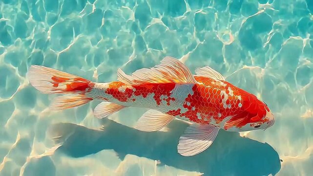 A serene image of a vibrant koi fish gracefully swimming in crystal-clear blue water, evoking tranquility and symbolizing good fortune. Ideal for well