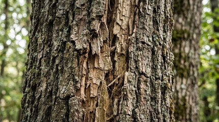Obraz premium Close-up of damaged tree bark with deep cracks and peeling texture in a forest setting