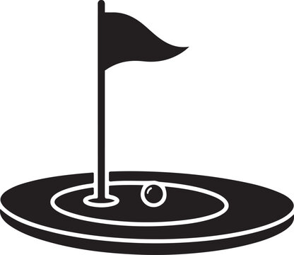 Black and white silhouette icon of a golf flagstick in a hole with a ball nearby on the green Vector.