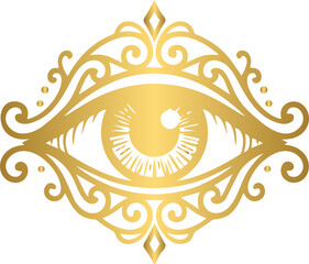 Golden Mystical Floating Eye Symbol With Cosmic Rays And Stars © N2