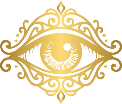Golden Mystical Floating Eye Symbol With Cosmic Rays And Stars