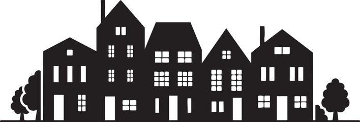 European old town silhouette vector, black and white city street buildings, historic urban architecture skyline with traditional houses and trees © aftab