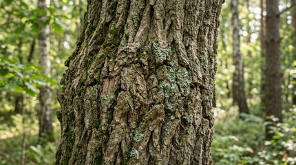 Obraz premium Close-up of rough, textured bark on a mature tree trunk in a sunlit forest.
