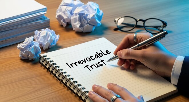 Person's Hand Writing 'Irrevocable Trust' on Notebook with Crumpled Papers and Glasses on Desk