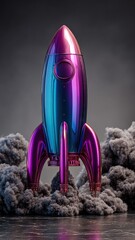 Fototapeta premium Futuristic Chrome Rocket Ship Ascending Through Dark Clouds with Vibrant Pink and Blue Metallic Sheen