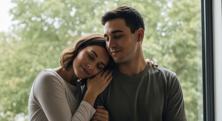 Naklejka premium Young Couple Embracing Warmly With Eyes Closed Near Window with Greenery Outside