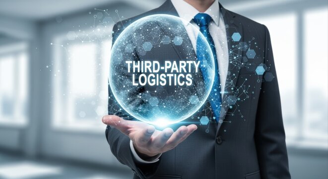 Businessman holding glowing orb with Third-Party Logistics text, representing global supply chain management and outsourcing solutions