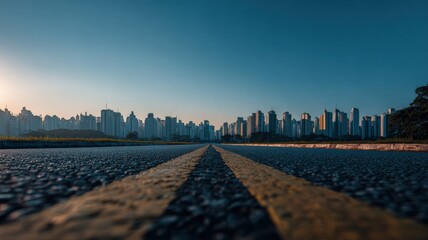 Fototapeta premium Long asphalt road with yellow lines leads towards a distant modern cityscape under a clear blue sky at sunrise