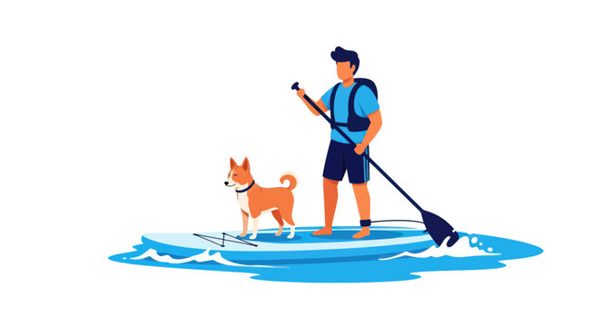 Man and dog paddleboarding on water, summer outdoor activity, healthy lifestyle