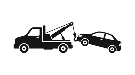 Naklejka premium A minimalist black silhouette illustration of a tow truck pulling a car.