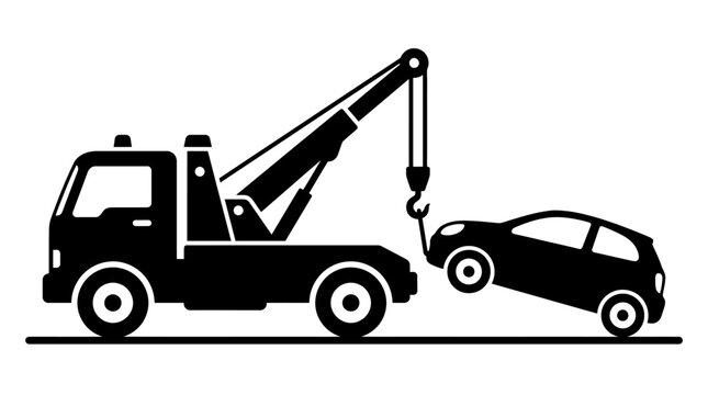 A minimalist black silhouette illustration of a tow truck pulling a car.