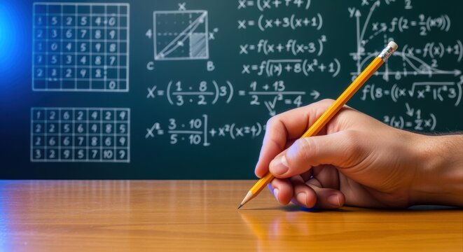 Hand holding pencil solving complex mathematical equations and formulas on blackboard