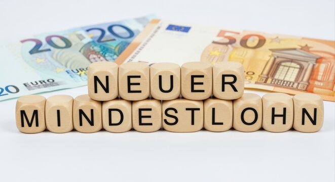 Wooden Blocks Spell Out 'New Minimum Wage' With Euro Banknotes in Background - German Economy Concept