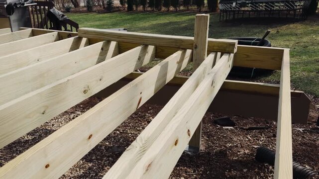 Wooden floor joists installed in during construction of a deck or house frame. Structural framing stage