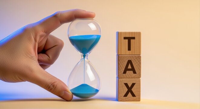 Hand holding hourglass next to wooden blocks spelling TAX, symbolizing time sensitivity of tax deadlines and financial planning.