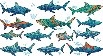 Fototapeta premium Colorful Shark Illustration Set with Abstract Pattern Texture, Ocean Marine Animals, Underwater Wildlife, and Creative Decorative Fish Design Collection