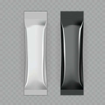 Realistic Silver and Black Stick Pack Mockup Set. Vector Glossy Foil Sachet Templates for Coffee, Sugar or Powder.