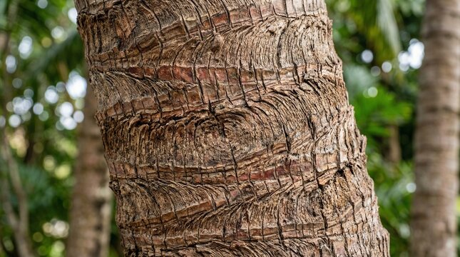 Close-up of textured coconut palm tree trunk with rough bark and natural patterns