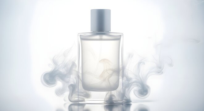 Clean editorial fragrance photo of a minimalist bottle with soft milky liquid, cloud fantasy scent concept, light airy background with soft diffused lighting