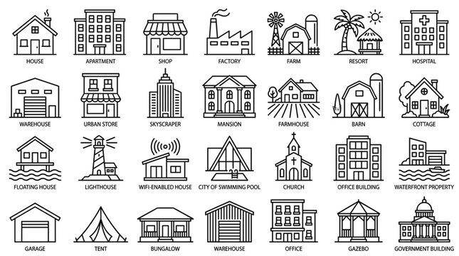 Building Architecture Icon Collection Illustration Various Property Types from Residential Houses to Commercial Structures and Public Facilities Outline Design