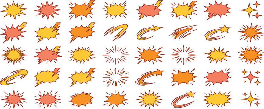 Explosive surprise comic line golden effect set. Hand drawn doodle cartoon speed effect, gold explosive burst action elements. Comic cartoon surprise line luxury shapes. Vector illustration