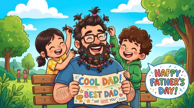 Coolest Dad Ever Father's Day Cartoon Illustration with Kids