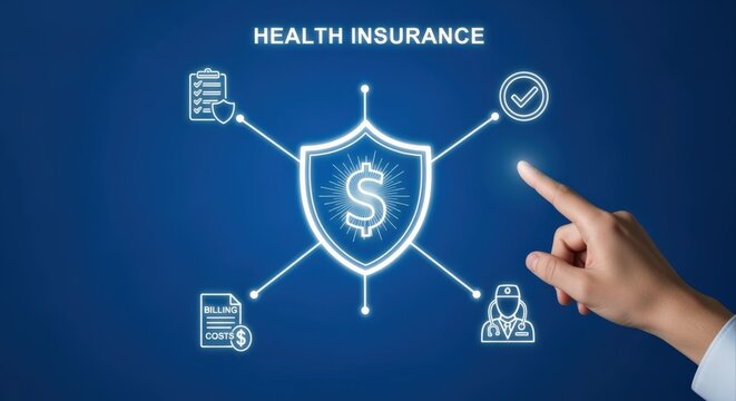 Conceptual representation of health insurance coverage with financial protection and medical services, digitally illustrated