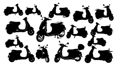 Dynamic Vespa scooter silhouette collection with retro and modern scooters in bold black vector style © Hazara