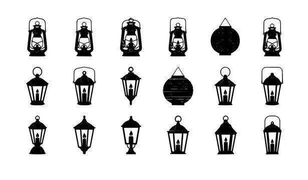 Lantern silhouette vector set with classic hanging oil lamps paper and candle lanterns isolated on white