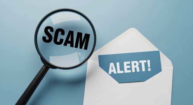 Magnifying glass revealing the word SCAM over an open envelope with an ALERT! message on blue background