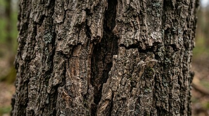 Obraz premium Close-up of rough, textured tree bark with a deep vertical crack in a forest setting